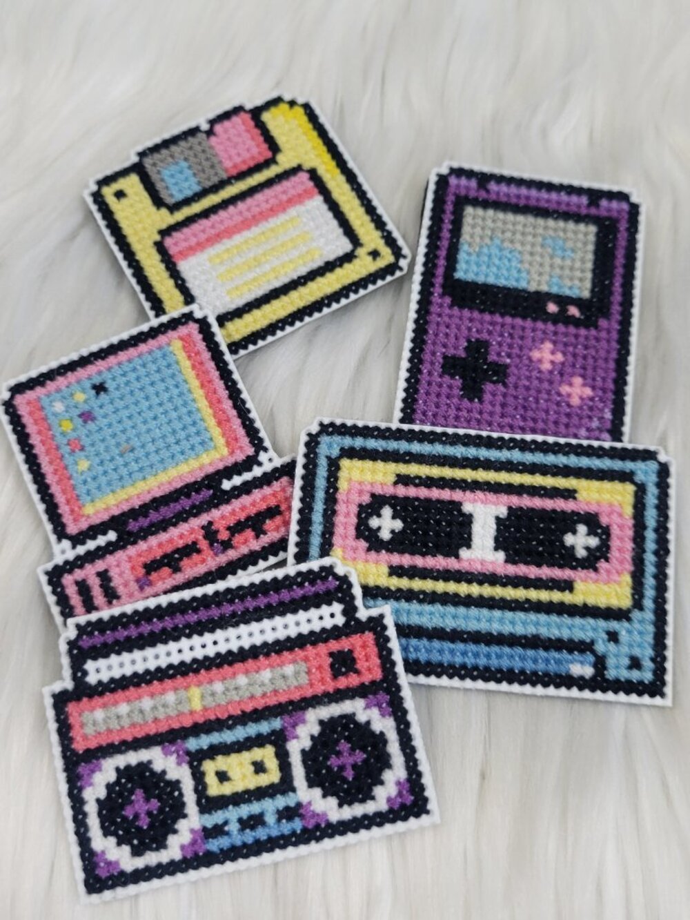 Set of 5 90s Magnets Cross Stitch Plastic Canvas Handmade Boom Box Disk Computer